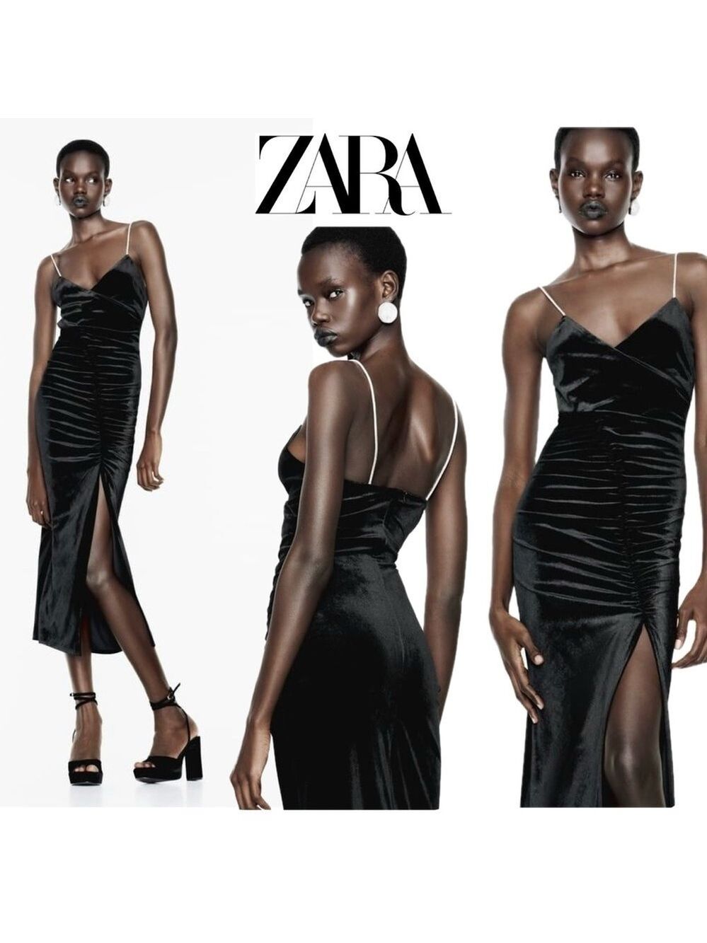 ZARA BLACK VELVET RUCHED GATHERED BODYCON MIDI DRESS WITH RHINESTONE STRAPS Sz S